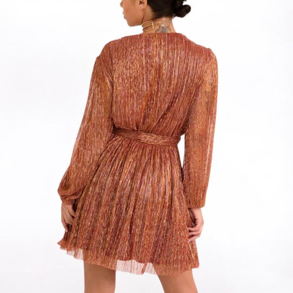 Dress Forum Gold Metallic Pleated Belted Mini Dress Size S Mauve NYE Holiday NWT - Picture 10 of 14